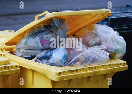 Düsseldorf 23.12.2023 Gelbe tonne Mülltonne Kunststoff Plastik Recycling Müll Abfall Wohlstandsmüll Wohlstandsgesellschaft Verpackung Verpackungsmüll Restmüll Plastiktonne Plastiktüte Mülltüte Umwelttonne Der Grüne Punkt Grüner Düsseldorf Nordrhein-Westfalen Deutschland *** Düsseldorf 23 12 2023 poubelle jaune poubelle poubelle poubelle plastique recyclage du plastique déchets déchets déchets aisés Société aisée emballage déchets d'emballage déchets résiduels poubelle plastique Sac en plastique Sac à déchets déchets déchets environnementaux le point vert peut-il plus vert Düsseldorf Rhénanie du Nord-Westphalie Allemagne Banque D'Images