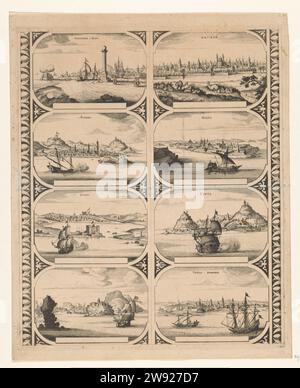 Alexandrie in Egipt / Alger / TVNIS / Oran / Alcair / Malte / CEVTA / Tripoli in Barbaria, Anonyme, 1670 - 1672 print feuille avec deux bandes verticales chacune avec quatre visages sur les villes d'Afrique du Nord : Alexandrie en Egypte, Alger, Tunis, Oran, le Caire (Alcair), Malte, Ceuta et Tripoli. Feuille non cutée avec huit figures de bord destinées à coller dans des bandes comme un cadre pour coller une carte d'un continent. Amsterdam papier gravure cartes des villes. Perspective de la ville, panorama de la ville, silhouette de la ville Alexandrie. Alger. Tunis. Malte. Oran. Tripoli. Le Caire. Ceuta Banque D'Images