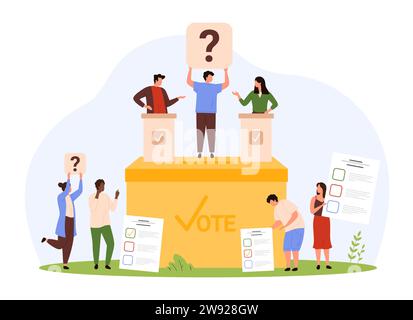 Campagne électorale, sélection du candidat au référendum démocratique. Petites personnes tenant le point d'interrogation et les bulletins de vote avec la liste à choisir, les personnages votent pour le leader dans l'illustration vectorielle de dessin animé d'élection Illustration de Vecteur