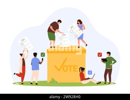 Référendum et élection démocratique, choix de scrutin pour les citoyens. Processus de vote de petites personnes jetant des bulletins de vote en papier dans la boîte de vote, les personnages des électeurs avec des listes d'enquête illustration vectorielle de dessin animé Illustration de Vecteur