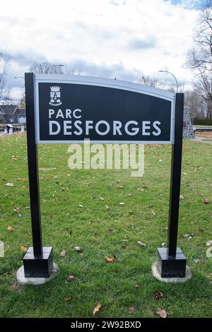 Bienvenue au panneau du parc Desforges à Grenville, Québec, Canada Banque D'Images