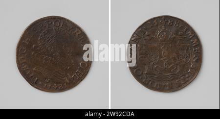 Voile de l'Armada espagnole, médaille de calcul en l'honneur de Philippe II, roi d'Espagne, Anonyme, 1585 - 1588 en direct Médaille de cuivre. Devant : homme de poitrine avec couronne de Laurier à l'intérieur du changement. Revers : deux armoiries, chacune sur l'une des colonnes d'Herkules, reliées au ruban sous Kroon à l'intérieur d'Inverschruit. cuivre (métal) frappe (travail des métaux) Banque D'Images