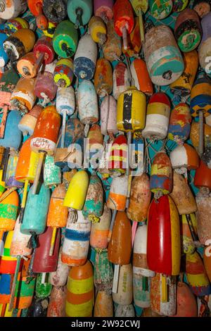 Mur recouvert de bouées colorées de piège à homard et à crabe. Banque D'Images