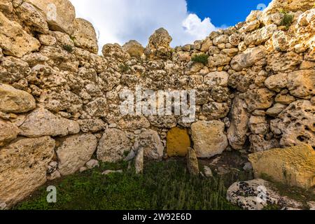 Les temples Ġgantija sur l'île de Gozo font partie des temples mégalithiques de Malte, classés au patrimoine mondial de l'UNESCO, et sont les plus anciens bâtiments autoportants à moitié préservés du monde. Xaghra, Malte Banque D'Images