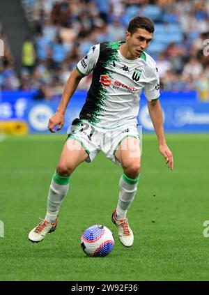 Sydney, Australie. 23 décembre 2023. Sebastian Pasquali de l'équipe Western United FC est vu en action lors du match de la saison 2023/24 ronde 9 hommes entre le Sydney FC et le Western United FC qui s'est tenu à l'Allianz Stadium. Score final ; Sydney FC 4:2 Western United FC. Crédit : SOPA Images Limited/Alamy Live News Banque D'Images