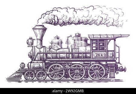 Locomotive de train à vapeur vintage, illustration vectorielle de style gravure. Dessin dessiné à la main rétro transport Illustration de Vecteur