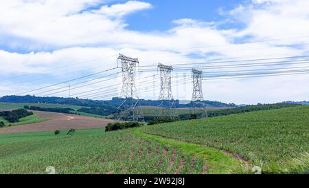 Pylônes de tour d'acier d'électricité avec des câbles suspendus s'étendant sur les terres agricoles de campagne transportant l'énergie électrique pour l'économie. Banque D'Images