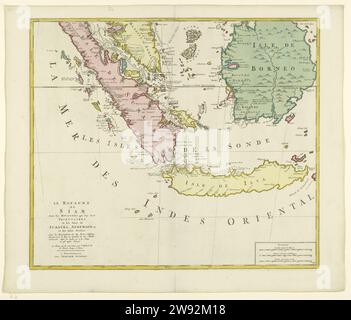 Carte du Royaume du Siam (moitié inférieure), Joachim Ottens, 1700 - 1750 imprimer carte du Royaume du Siam (Royaume d'Ayutthaya) et de ses États vassaux. Différentes zones colorées différemment. Les îles de Sumatra, Java et Bornéo et un morceau de Malacca sont exposés. Une ligne pointillée et une ligne normale donnent la route des cartographes jésuites, envoyés par le roi, à travers la région, du milieu au centre. En bas à droite de l'échelle en milles français, allemands et nautiques. Partie inférieure d'une carte du Royaume entier. Amsterdam cartes de gravure papier de différents pays ou régions Indonésie. Sumatra. Java. Banque D'Images