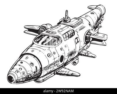 Croquis de vaisseau spatial dans un style rétro, dessiné à la main. Illustration vectorielle. Comique Illustration de Vecteur
