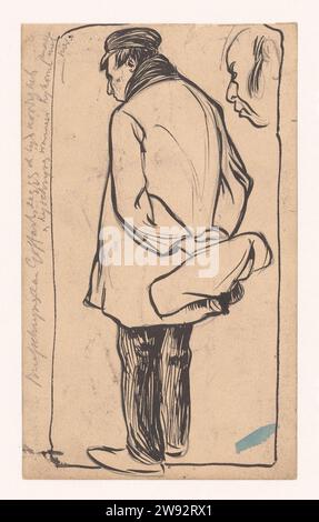 Homme debout, Jan de Waardt, 1881 - 1899 dessin Homme debout sur le dos vu à gauche, les mains sur le dos où il tient un paquet. Il porte une veste, une écharpe et une casquette. En haut à droite, la tête d'un homme en colère. Peut-être pour une caricature politique. Sur le dos de la feuille, un homme debout, genou, porte un bonnet, une écharpe et une veste. Papier néerlandais. crayon. figurine debout à encre. Classe ouvrière, ouvriers pays-Bas Banque D'Images