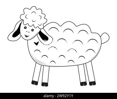 Mouton mignon, animal de ferme curieux et heureux, illustration vectorielle en noir et blanc Illustration de Vecteur