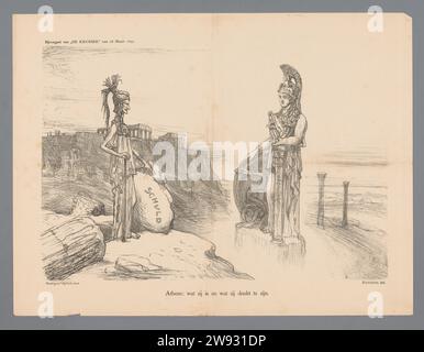 Athènes : ce qu'elle est et ce qu'elle pense être, Marius Bauer, 1897 Cartoon en position faible de la Grèce en 1897 au moment du soulèvement en Crète contre les Turcs. Personnification de la Grèce, gauche telle qu’elle est réellement : maigre et chargée de dettes, à droite telle qu’elle se voit : jeune et puissante. Publié dans l'ajout de 'de Kroniek' du 28 mars 1897. Imprimeur : Netherlandsprinter : Amsterdampublisher : Amsterdam paper Political caricatures and satires. temple, sanctuaire  religion romaine. falaise côtière ou falaise. (Histoire de) Minerve (Pallas, Athéna). personnifications de pays, de nations Banque D'Images
