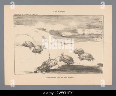 À l'est, Marius Bauer, 1897 caricature sur la retenue des grands pays européens dans la guerre gréco-turque de 1897. Les grandes puissances montrées comme des tortues et l'Angleterre comme un homard. Publié dans l'ajout de 'de Kroniek' du 25 avril 1897. Imprimeur : Netherlandsprinter : Amsterdampublisher : Amsterdam paper crustacés : homard. tortues, tortues. Caricatures politiques et satires Grèce. Turquie Banque D'Images
