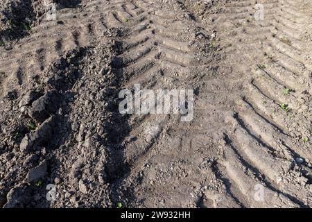 traces de véhicules lourds sur une route sablonneuse, traces de la bande de roulement des camions et tracteurs sur le terrain Banque D'Images