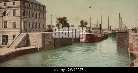 Entrer dans l'écluse de Soo, Sault Ste. Marie, Comté de Chippewa, Michigan 1900. Banque D'Images