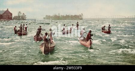 Pêche au Soo, rivière Saint Marys, Sault Ste. Marie, Comté de Chippewa, Michigan 1901. Banque D'Images