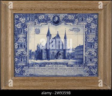 Tile Tableau du Conseil des ministres du cabinet a fait don à H. Colijn à l'occasion de son 70e anniversaire, Anonyme, 1939 Tile tableau. Tableau Tile Tile composé de 12 carreaux bleus et blancs dans un cadre en bois. Central : image du Binnenhof avec Ridderzaal. En bas : Inscription avec les noms et fonctions des donateurs. Le long des autres côtés, entre les vignes fleuries : partie d'une façade avec la fonction de H. Colijn et la période dans laquelle il l'a tenu. Gauche et droite 4 de ces images avec du texte. Au milieu de : poitrine d'homme (H. Colijn) avec la tête à droite. Faïence néerlandaise. Banque D'Images