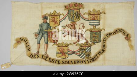 Fragment du drapeau néerlandais, anonyme, vers 1840 drapeau partie centrale d'un drapeau ; sur blanc un lion grimpant couronné rouge, avec sept flèches dans la griffe droite (avec des pointes des deux côtés), entouré par les armes couronnées des sept provinces par un ruban rouge-blanc-bleu, dans l'ordre protocolaire: Gueldre, Hollande , Zélande, Utrecht, Frise, Overijssel, Groningue. A gauche un homme harnais avec sept flèches dans la main droite. Au fond d'une banderole jaune, rouge-bordée, sur laquelle en capitale noire : Willem le premier souverain Vorst der Zeven Provintien. Peinture coton (textile) néerlandaise Nethe Banque D'Images