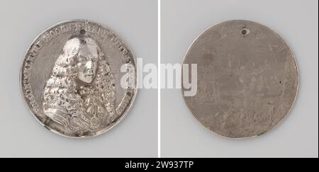 Tombe prise par le prince William III, Roelof Hensbergen, médaille d'histoire 1674 Médaille d'argent avec trou. Devant : l'homme de poitrine à l'intérieur du changement. Revers : ville avec assiegers sous Wimpel avec inscription. Argent (métal) coulée / gravure tombe. Brabant du Nord Banque D'Images