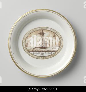 Plat d'un sucrier avec une image de la bataille de J. Krul, anonyme (attribué à), d'après Jan Gerritsz. Visser, après 1794 service (set) plat d'un sucrier en porcelaine, peint sur le glaçage en sépia et or. Sur le plat un médaillon avec une performance avec l'inscription 'combat de J. Krul. 1781 '. Un lien avec une vigne de feuille autour du médaillon. Golden Rand. Marqué sur le fond avec 103-N. Entreprise de porcelaine : Schwarzburgafter impression par : Amsterdam porcelaine. glaçage. Peinture / dorure / vitrification quatrième guerre anglo-néerlandaise Banque D'Images