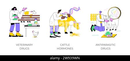 Médicaments pour le bétail isolé illustrations vectorielles de dessins animés. Médicaments vétérinaires, agriculteur donnant des antibiotiques aux animaux domestiques, injecter des hormones de bétail, médicaments antiparasitaires, dessin animé de vecteur agricole. Illustration de Vecteur