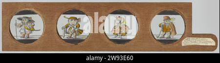 Quatre petites personnes (caricatures), dont trois vont au ton nain, anonyme, c. 1710 - c. 1790 quatre verres avec des caricatures de petites personnes dans une ficelle en bois avec poignée. À l'extrême gauche : homme avec canne, chapeau large et cheveux longs. A droite de cela : homme avec un gros nez, appuyé sur un large bâton. A droite de cela : l'homme avec turban. À l'extrême droite : homme de tuyauterie avec barbe et personnel tordu. Verre néerlandais. bois (matière végétale). chêne (bois). peintures à l'huile (peintures) Banque D'Images