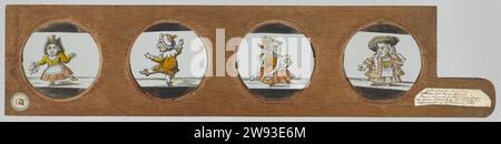 Quatre caricatures de petites personnes, dont une au ton nain, anonyme, c. 1710 - c. 1790 quatre verres ronds avec des caricatures de petites personnes dans un bois rugueux avec poignée. Les trois verres les plus à gauche contiennent des images de petites personnes dansantes. À l'extrême droite : une femme debout avec un chapeau, une main sur le côté, l'autre étendue, faite au ton nain. Verre néerlandais. bois (matière végétale). chêne (bois). peinture à l'huile (peinture) une personne dansant seule Banque D'Images