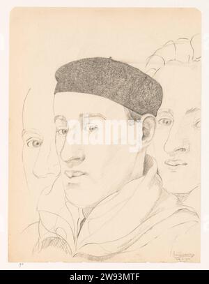 Trois autoportraits : B-1-1, 26 février 1942 dessin feuille avec 3 autoportraits de Cor van Teeseling : B-1-1, 26 février. Crayon Weteringschans. personnages historiques de papier. portrait, autoportrait de dessinateur. Prisonnier en cellule ou lieu fermé Weteringschans Banque D'Images