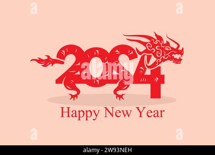 bonne année 2024 avec illustration vectorielle dragon rouge zodiaque. logo dragon simple avec texte de 2024 lettres Illustration de Vecteur
