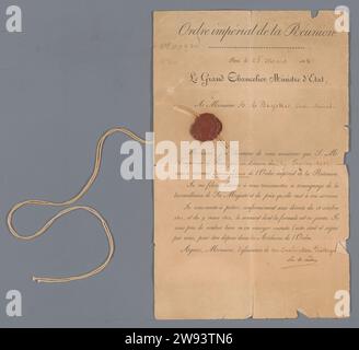 Ordre impérial de la Réunion, 1812 document scellant lettre d'accompagnement au Grandkruis de l'ordre de la Réunion à A.A. Buyskes, datée du 25 mars 1812 (B). Un extrait du décret du 9 mars 1812, Grande Cancellerie de l'ordre Impérial de la Réunion (C) et une lettre du Prince Orché Trésonnier (?) Du 23 mai 1812, Amsterdam (D). Nettoyé par tampon de peinture ovale rouge et deux cordes. Papier ParisAmsterdam. encre. laque (revêtement) écriture (procédés) / impression Banque D'Images