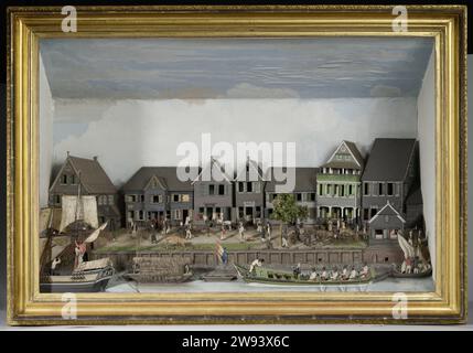 Diorama du front de mer de Paramaribo, 1820 le Diorama montre le front de mer de Paramaribo tel qu'il était en 1820. Nous voyons le quai avec un cordonnier, un magasin de tissus et quelques maisons résidentielles majestueuses pour la bourgeoisie bien-à-faire de Paramaribo. Sous un arbre se trouve un groupe d'hommes asservis, un peu plus loin un homme à cheval et en calèche. Il y a de la pression sur le quai. Le front de mer était un lieu central dans la ville comme point de rencontre du commerce par la mer et la navigation intérieure à travers les rivières vers les plantations. Les quatre navires qui se trouvent sur le quai et prennent l'ensemble du premier plan du diorama illust Banque D'Images