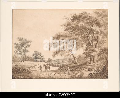 Paysage, vers 1790 dessin Heuvellandschap, vraisemblablement aux pays-Bas. Central une figure à cheval, accompagnée d'une figure en cours d'exécution. Il y a aussi deux chiens de jeu et une femme avec un enfant. Avec la femme, il y a un panier et une cruche sur le sol. Sur la gauche se trouve une ferme avec une botte de foin cachée dans la forêt. Pays-Bas (peut-être) paysages de brosse à papier dans la zone tempérée Banque D'Images