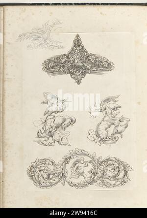 Trois ornements et deux chiens attaquants, c. 1866 - c. 1900 dessin au fond, un chien et un putto courent après un cerf à travers trois volutes de vignes de feuilles. En outre, il y a deux dessins d'un chien attaquant des animaux. papier calque. encre. dessin au crayon Banque D'Images