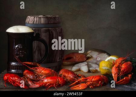 Nature morte avec bière et fruits de mer Banque D'Images