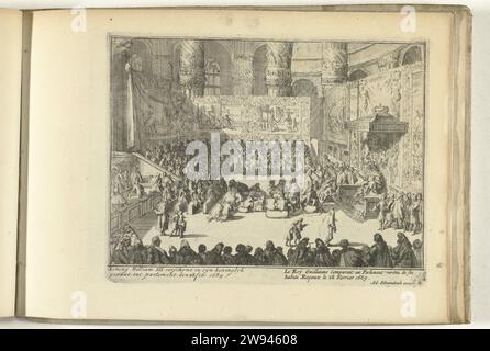 Guillaume III assiste à une session du Parlement en tant que roi, 1689, 1689 imprimer Guillaume III assiste à une session du Parlement en tant que roi, le 28 février 1689. Le roi droit en robe royale assis sur son trône. Plaque L dans la série 'Engelants Schouwtoneell' sur la glorieuse Révolution 1688-1689 (deuxième partie). Avec légendes en néerlandais et en français. Amsterdam papier gravure Chambre basse, Parlement, Chambre chambres du Parlement Banque D'Images