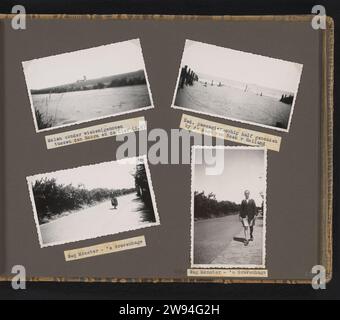 Dégâts de guerre en Hollande du Sud, anonyme, 1940 Photographie Magazine Album avec quatre photos des environs de Monster, un moulin et d'un navire à passagers à moitié coulé au large de la côte à Hoek van Holland. Sous les photos découpez des papiers avec des inscriptions dactylographiées. Partie du premier album photo avec des photos des deux balades à vélo du père et du fils à travers les pays-Bas en septembre 1939 et juillet 1940 et un voyage en voiture avec la famille à travers les pays-Bas, la Belgique et le Luxembourg en juin 1949. Papier South-Holland. support photographique impression gélatine argent sortie, voyage de plaisir. bicyclette. père avec fils Banque D'Images