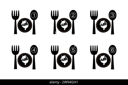 Icône du restaurant, symbole du numéro de portion du plat cuillère et assiette. Illustration de Vecteur