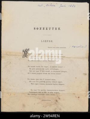 Sonnetten van Willem Kloos from Archive Jan Veth, Willem Kloos, 1882 - 1894 poème Sonnets daté de juillet 1882 dans une main ultérieure. papier. encre impression littérature  arts Banque D'Images