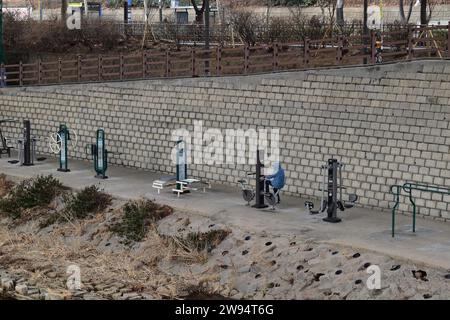 Personne en veste bleue s'exerçant sur l'équipement de gymnastique public sur la rive en béton d'un petit canal dans le district de Seodaemun-gu Banque D'Images