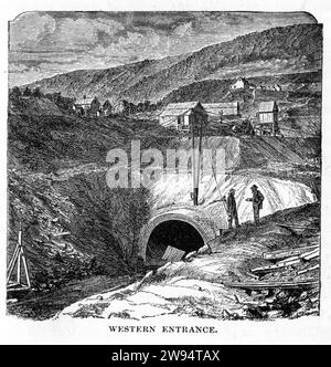 Gravure de l'entrée ouest du tunnel Hoosac (également appelé Hoosic ou tunnel Hoosick) un tunnel ferroviaire actif de 4,75 miles (7,64 km) dans l'ouest du Massachusetts qui traverse la chaîne Hoosac, une extension des montagnes vertes du Vermont, depuis le monde souterrain, vers 1878 Banque D'Images