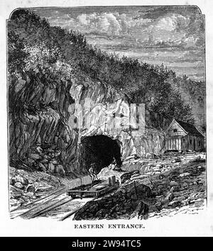 Gravure de l'entrée est du tunnel Hoosac (également appelé Hoosic ou tunnel Hoosick) un tunnel ferroviaire actif de 4,75 miles (7,64 km) dans l'ouest du Massachusetts qui traverse la chaîne Hoosac, une extension des montagnes vertes du Vermont, depuis le monde souterrain, vers 1878 Banque D'Images