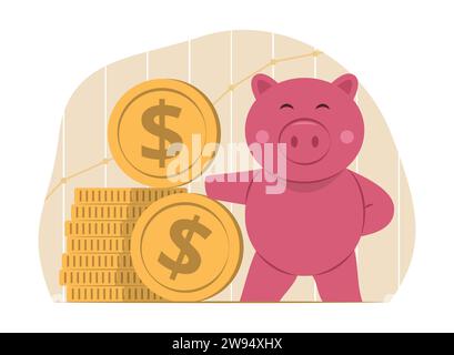 Mignon Piggy Bank personnage debout près de la pile de pièces de dollar pour économiser de l'argent concept Illustration Illustration de Vecteur
