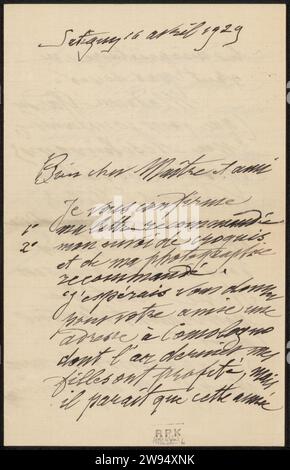 Lettre à Philip Zilcken, Alphonse Stengelin, 1929 lettre Satigny écriture à l'encre (procédés) / plume photographie, cinématographie Comologno. Italie Banque D'Images