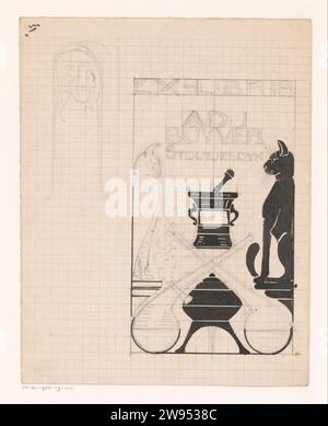 Design pour un ex libris par A.D.J. Suyver, Reinier Willem Petrus de Vries (1874-1953), 1884 - 1952 dessin Design avec un hibou et chat et des objets qui se réfèrent au système de pharmacie comme la tache d'un pharmacien et la stérilisation. Encre de Chine (encre). stylo crayon / brosse chat. hiboux. récipient de céramique : pot, cruche, pot, vase Banque D'Images