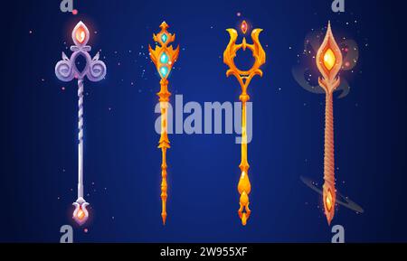 Sceptre fantastique avec pierres précieuses décoratives néon brillant magique et fumée. Ensemble d'illustration vectorielle de dessin animé d'assistant de jeu et magicien arme fantastique Illustration de Vecteur