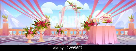Cérémonie de mariage en plein air avec autel sous arche drapé et décoré de fleurs sur le balcon. Illustration vectorielle de dessin animé de veille de mariage en dehors Illustration de Vecteur