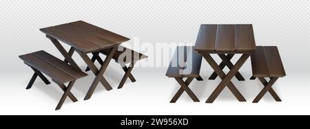 Table de pique-nique en bois isolée sur fond transparent. Illustration réaliste vectorielle de meubles de jardin bruns, bureau et banc pour dîner barbecue en plein air Illustration de Vecteur