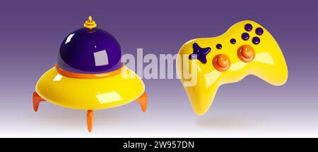 3D extraterrestre ufo et joystick de jeu isolé sur fond. Illustration réaliste vectorielle de vaisseau spatial brillant jaune avec radar, console de joueur avec plas Illustration de Vecteur