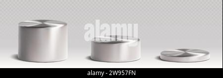 Podiums de produit de cylindre métallique argenté de différentes hauteurs. Ensemble réaliste d'illustration vectorielle 3D de supports ronds en métal gris pour l'affichage de marchandises. GE Illustration de Vecteur