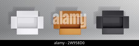 Ouvrez les maquettes de boîte en carton 3D isolées sur fond transparent. Vector illustration réaliste des emballages vides blancs, bruns, noirs en carton pour parce Illustration de Vecteur